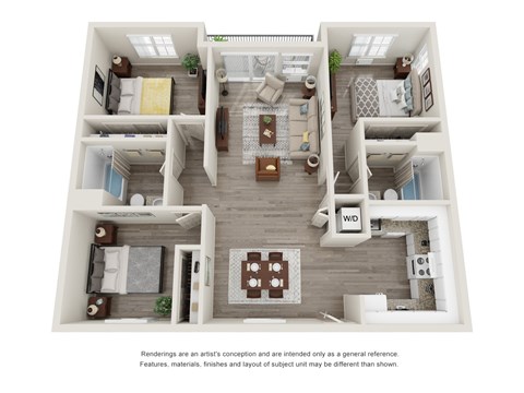 Floor plan for 3 beds, 2 baths, 1134 sqft